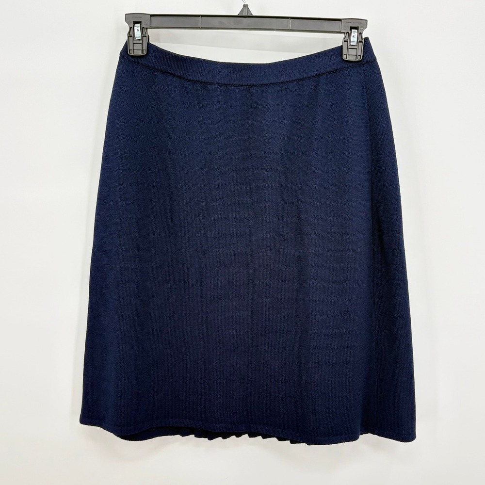 St John Collection Marie Gray Navy Blue Santana Knit Pleated A-Line Skirt Size 8